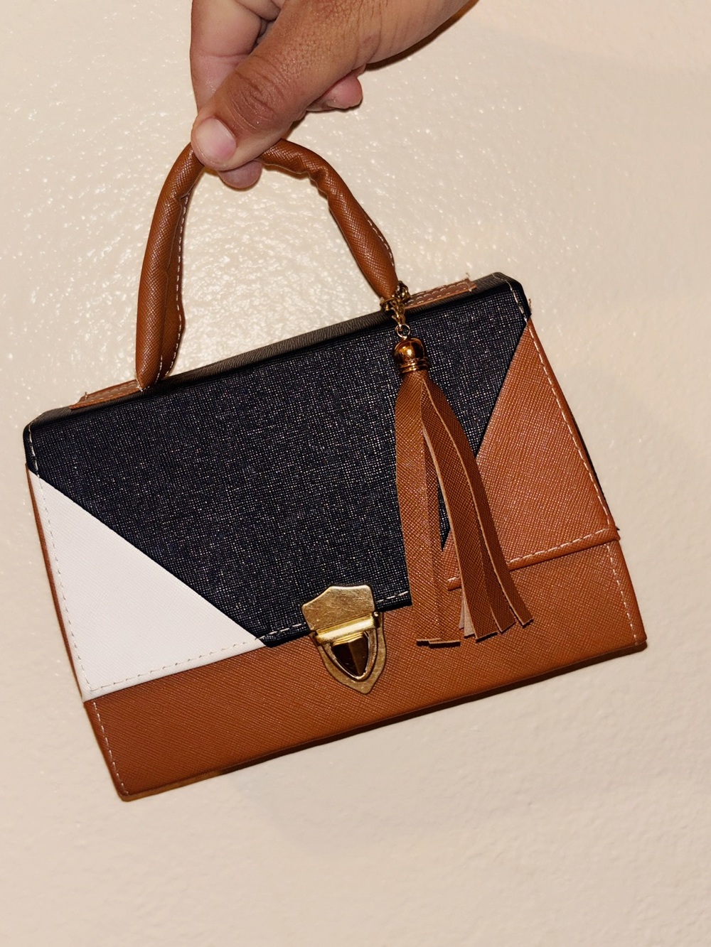 Structured Tassel Top-Handle Bag in Brown, Black & White